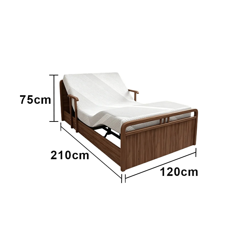 LUXORA Solid Wood Electric Care Bed Remote Control Adjustable Backrest High-density Mattress 100/120/150cm for Elderly Home Bedroom Use - Walnut
