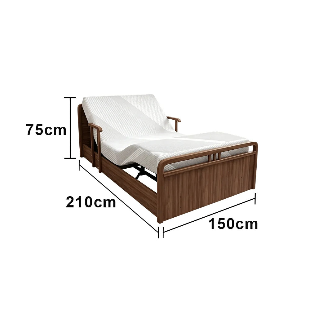 LUXORA Solid Wood Electric Care Bed Remote Control Adjustable Backrest High-density Mattress 100/120/150cm for Elderly Home Bedroom Use - Walnut