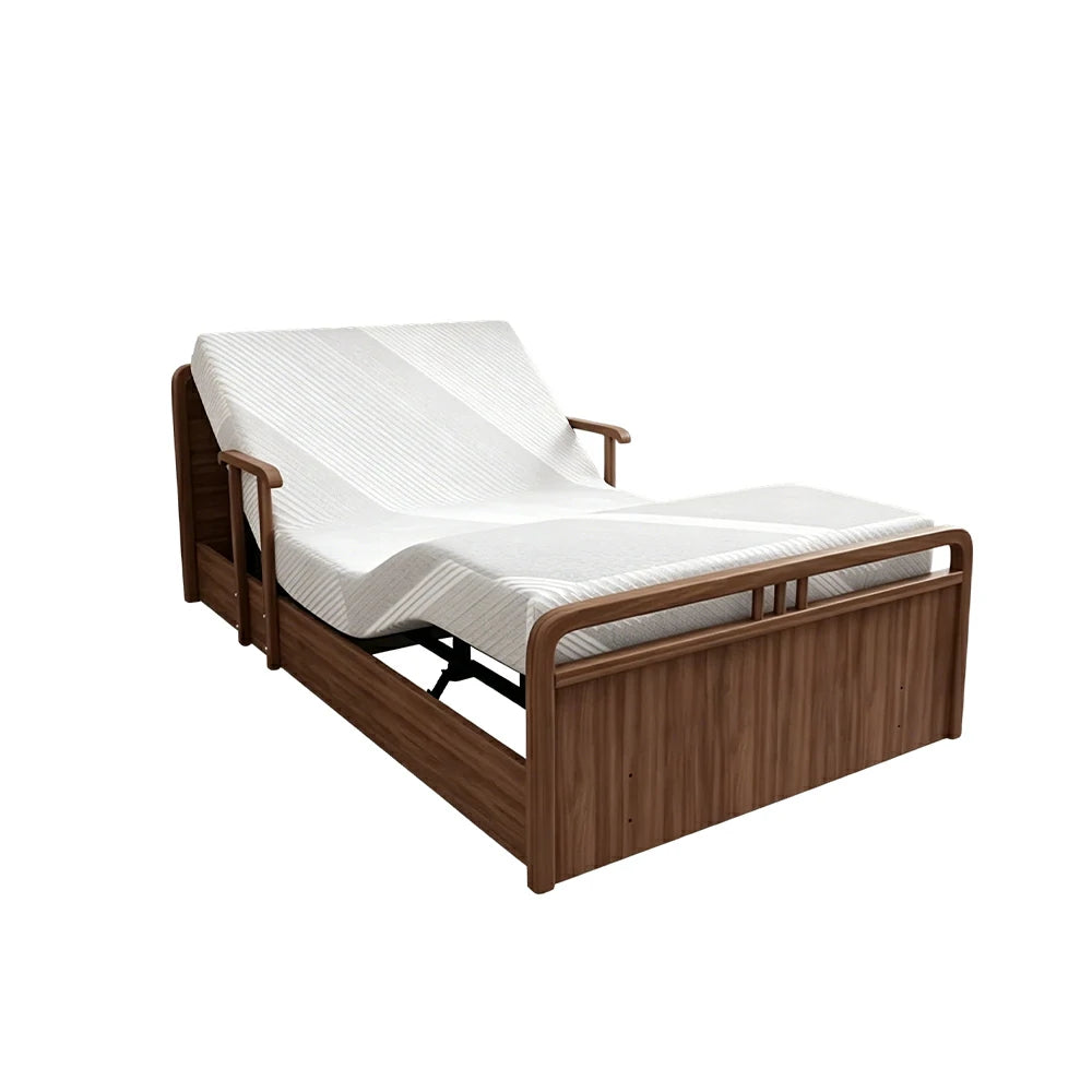 LUXORA Solid Wood Electric Care Bed Remote Control Adjustable Backrest High-density Mattress 100/120/150cm for Elderly Home Bedroom Use - Walnut
