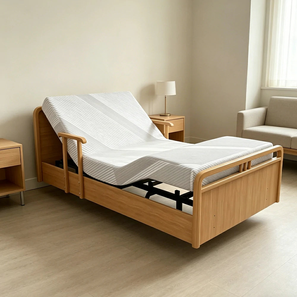 LUXORA Solid Wood Electric Care Bed Remote Control Adjustable Backrest High-density Mattress 100/120/150cm for Elderly Home Bedroom Use - Wood