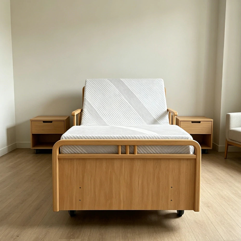 LUXORA Solid Wood Electric Care Bed Remote Control Adjustable Backrest High-density Mattress 100/120/150cm for Elderly Home Bedroom Use - Wood