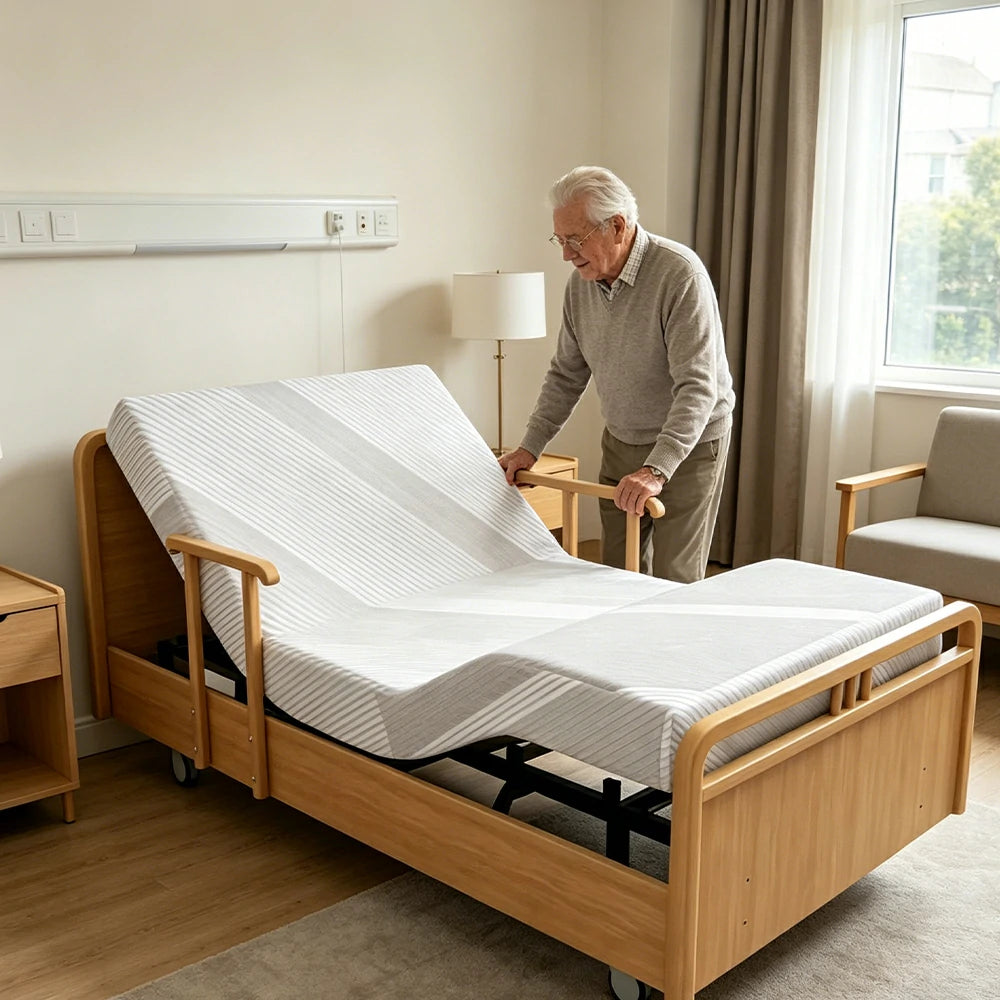 LUXORA Solid Wood Electric Care Bed Remote Control Adjustable Backrest High-density Mattress 100/120/150cm for Elderly Home Bedroom Use - Wood