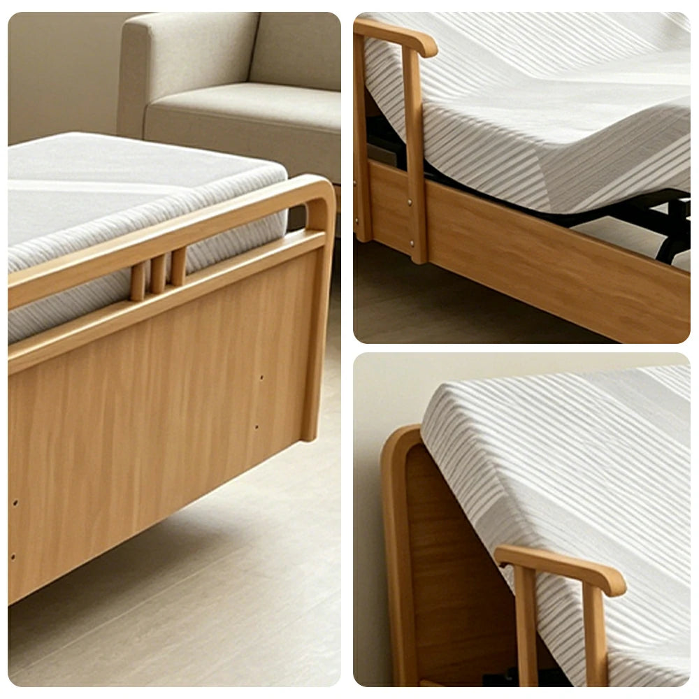 LUXORA Solid Wood Electric Care Bed Remote Control Adjustable Backrest High-density Mattress 100/120/150cm for Elderly Home Bedroom Use - Wood