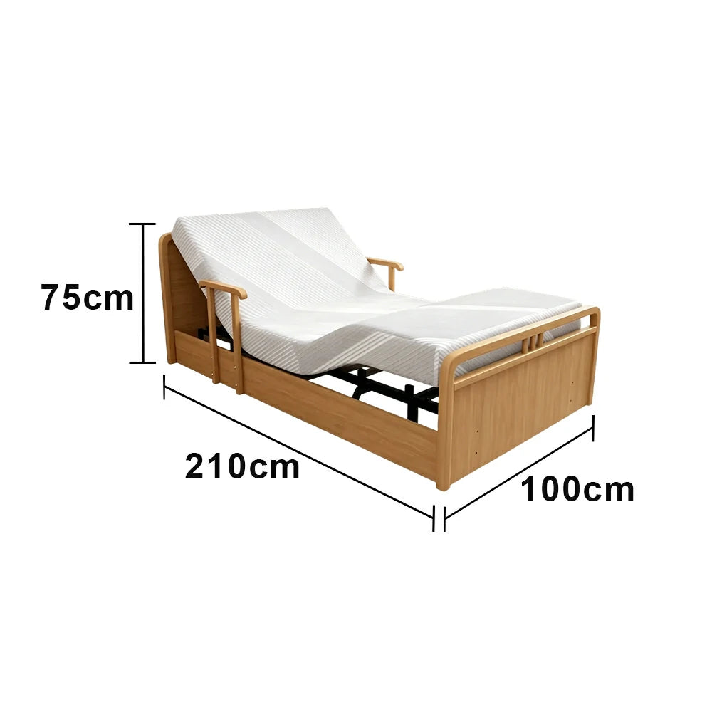LUXORA Solid Wood Electric Care Bed Remote Control Adjustable Backrest High-density Mattress 100/120/150cm for Elderly Home Bedroom Use - Wood