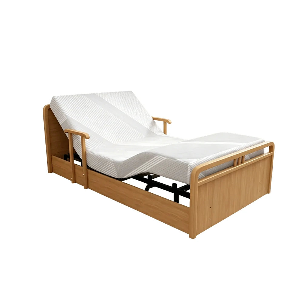 LUXORA Solid Wood Electric Care Bed Remote Control Adjustable Backrest High-density Mattress 100/120/150cm for Elderly Home Bedroom Use - Wood