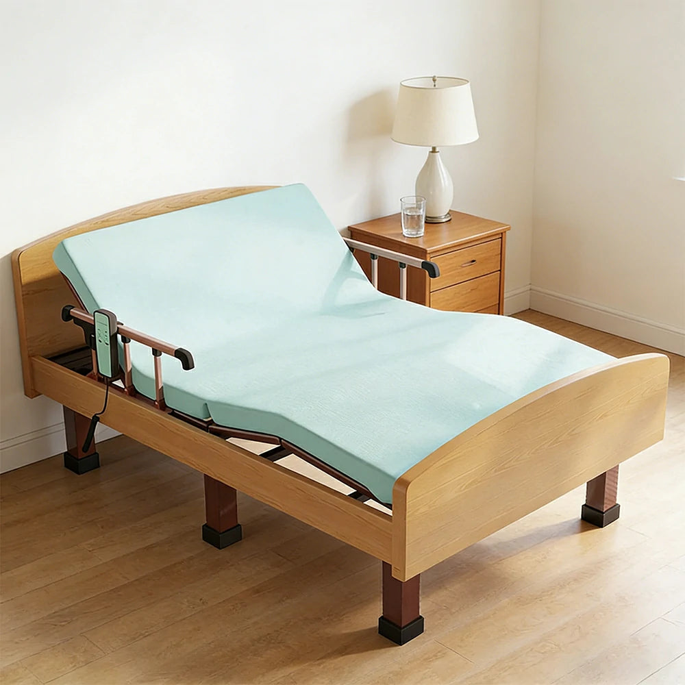 LUXORA Electric Care Bed Remote Control Adjustable Backrest High-density Mattress 106/120cm for Elderly Post-surgery Home Use - Wood