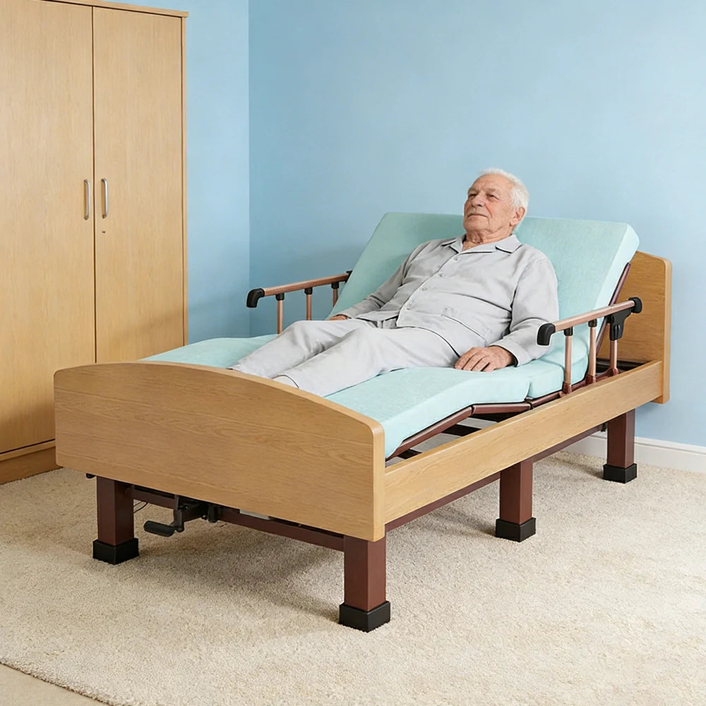 LUXORA Electric Care Bed Remote Control Adjustable Backrest High-density Mattress 106/120cm for Elderly Post-surgery Home Use - Wood