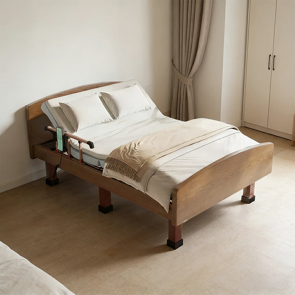 LUXORA Electric Care Bed Remote Control Adjustable Backrest High-density Mattress 106/120cm for Elderly Post-surgery Home Use - Walnut