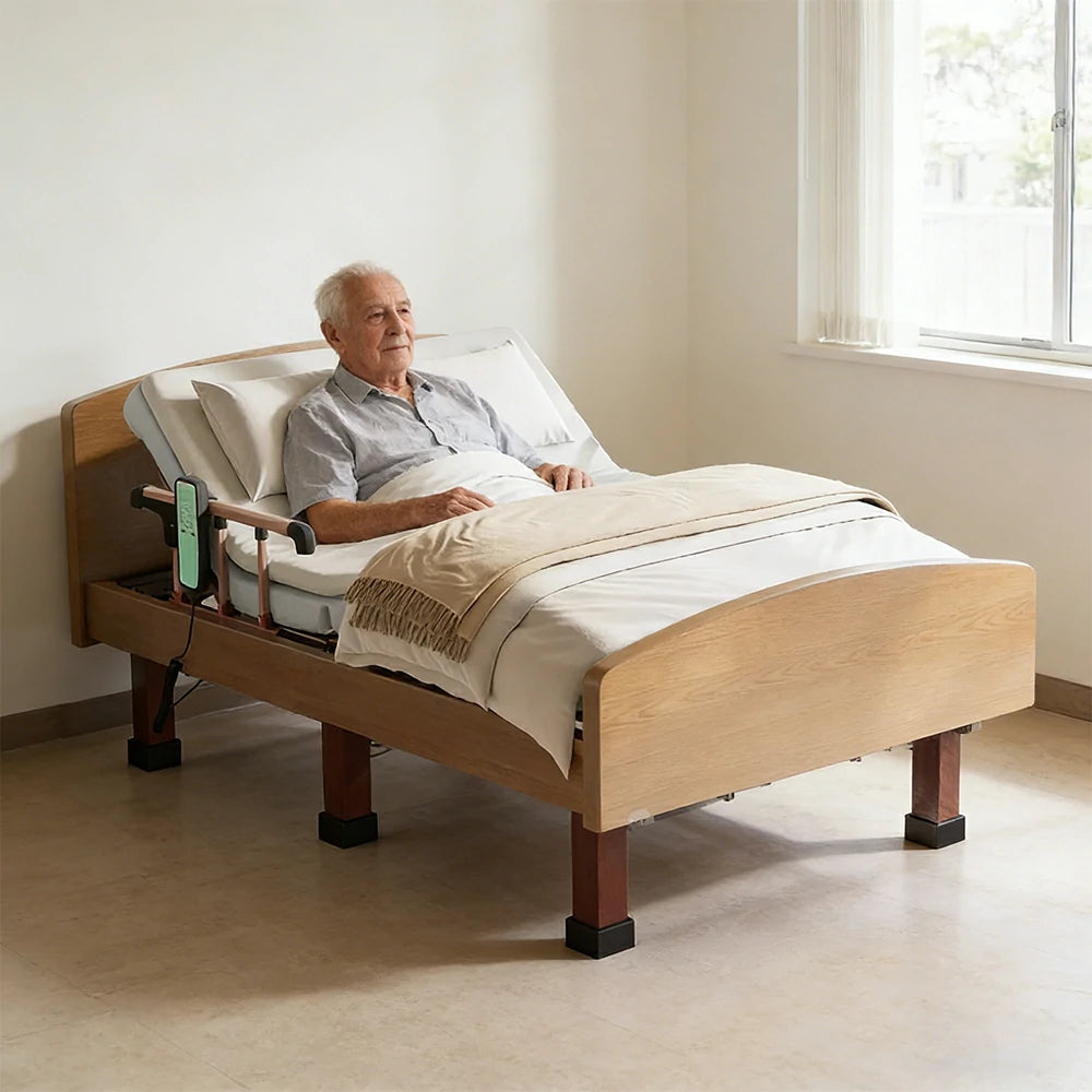 LUXORA Electric Care Bed Remote Control Adjustable Backrest High-density Mattress 106/120cm for Elderly Post-surgery Home Use - Walnut