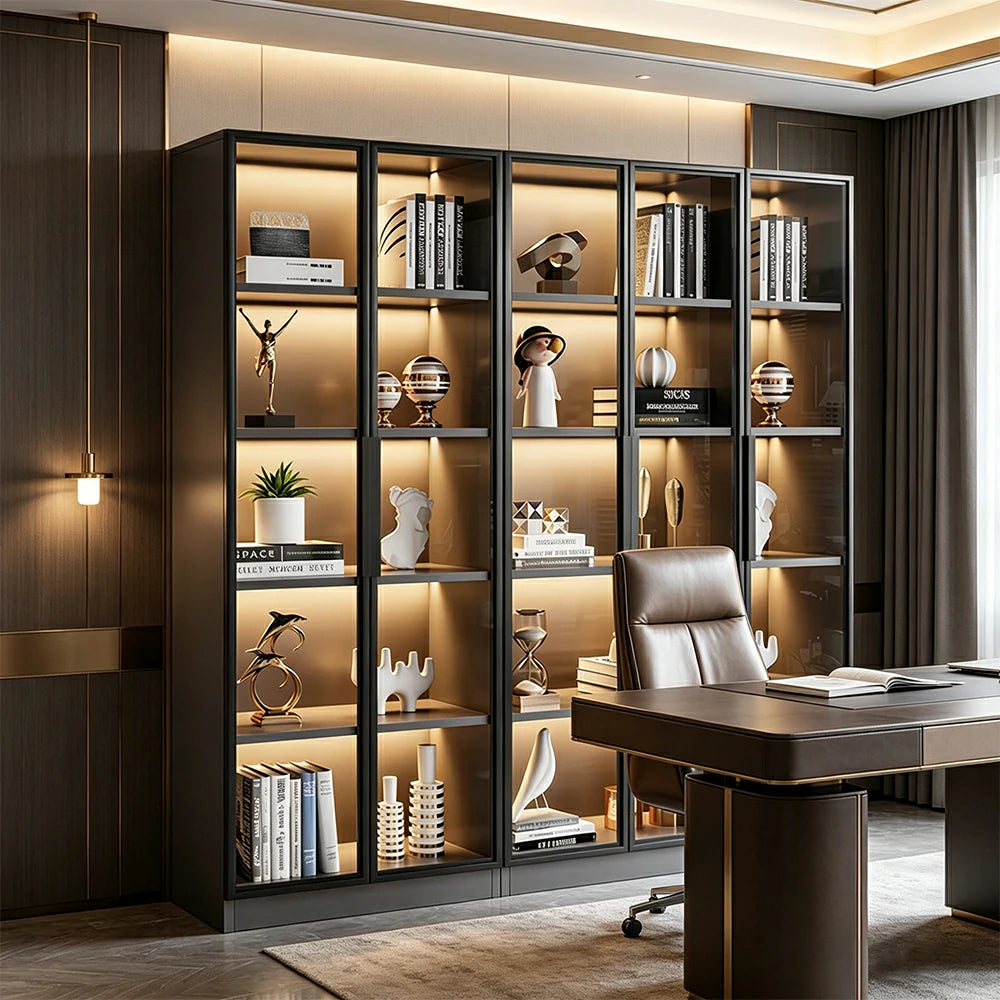 LUXORA 220cm 5-Tier Display Cabinet - Five Door Tempered Glass Storage with LED Lighting for Living Room - Light Grey