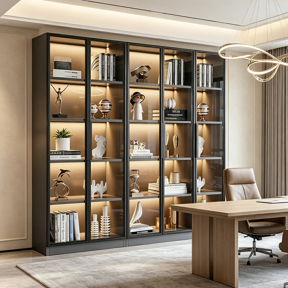 LUXORA 220cm 5-Tier Display Cabinet - Five Door Tempered Glass Storage with LED Lighting for Living Room - Light Grey