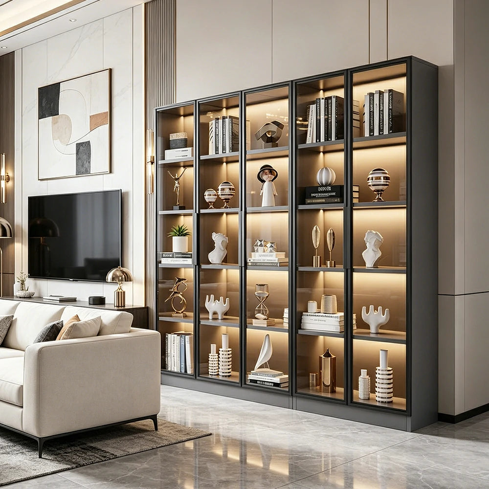 LUXORA 220cm 5-Tier Display Cabinet - Five Door Tempered Glass Storage with LED Lighting for Living Room - Light Grey