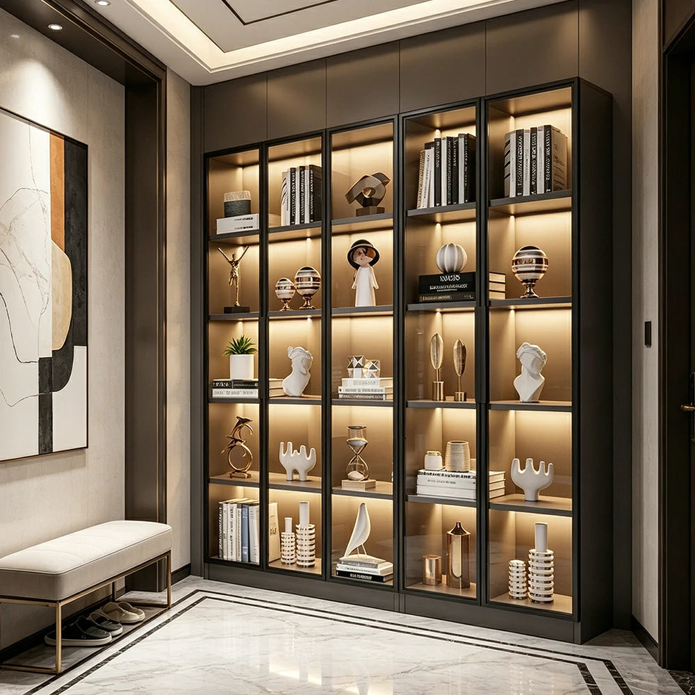 LUXORA 220cm 5-Tier Display Cabinet - Five Door Tempered Glass Storage with LED Lighting for Living Room - Light Grey