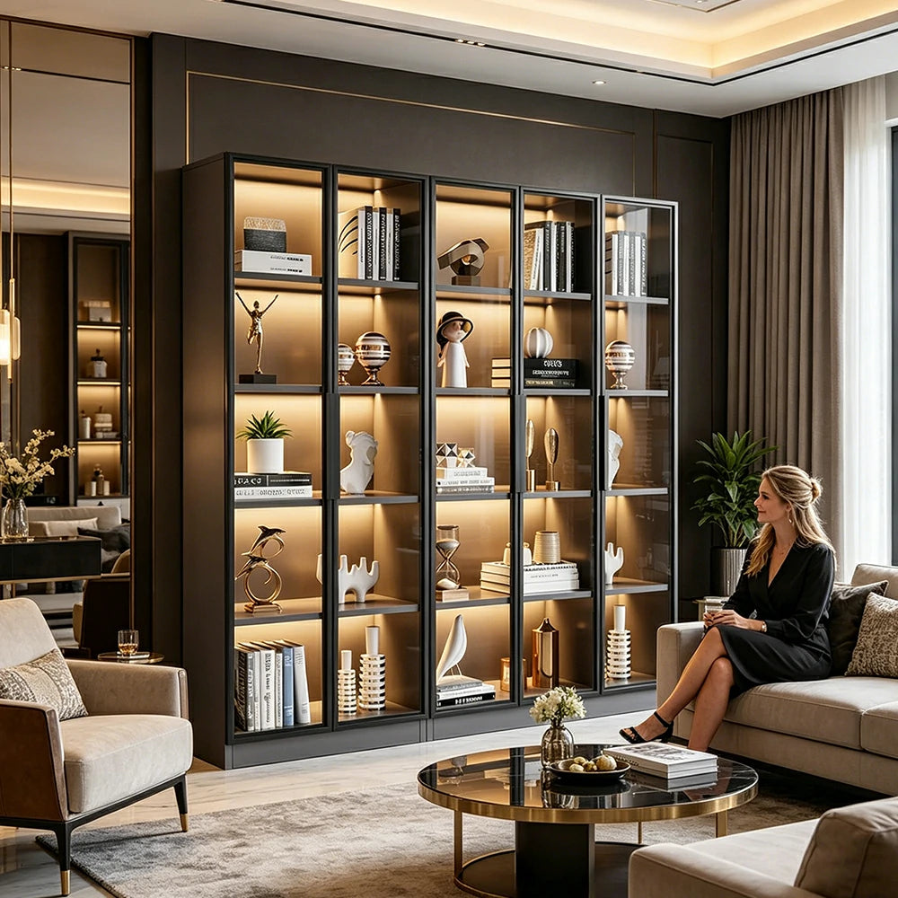 LUXORA 220cm 5-Tier Display Cabinet - Five Door Tempered Glass Storage with LED Lighting for Living Room - Light Grey