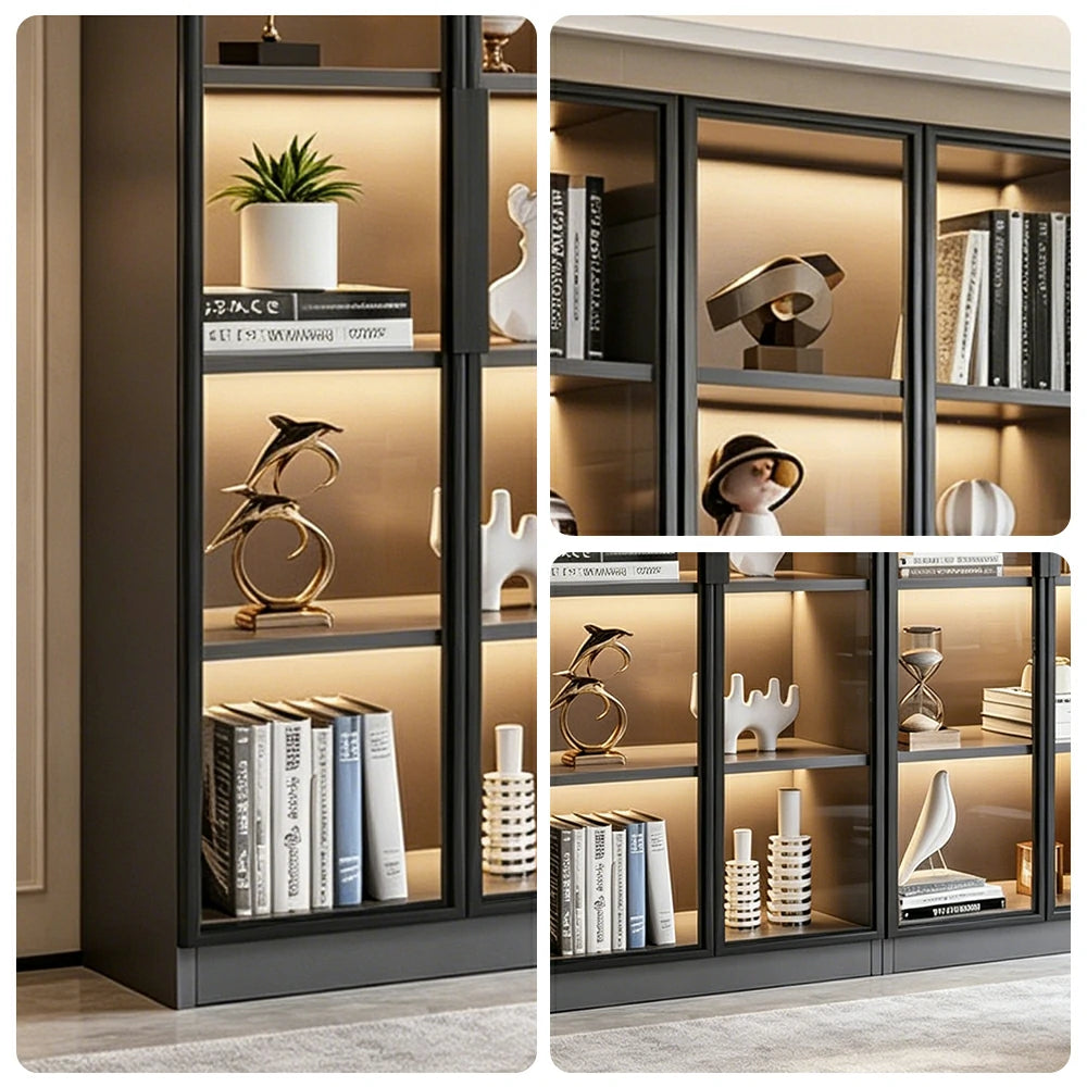 LUXORA 220cm 5-Tier Display Cabinet - Five Door Tempered Glass Storage with LED Lighting for Living Room - Light Grey