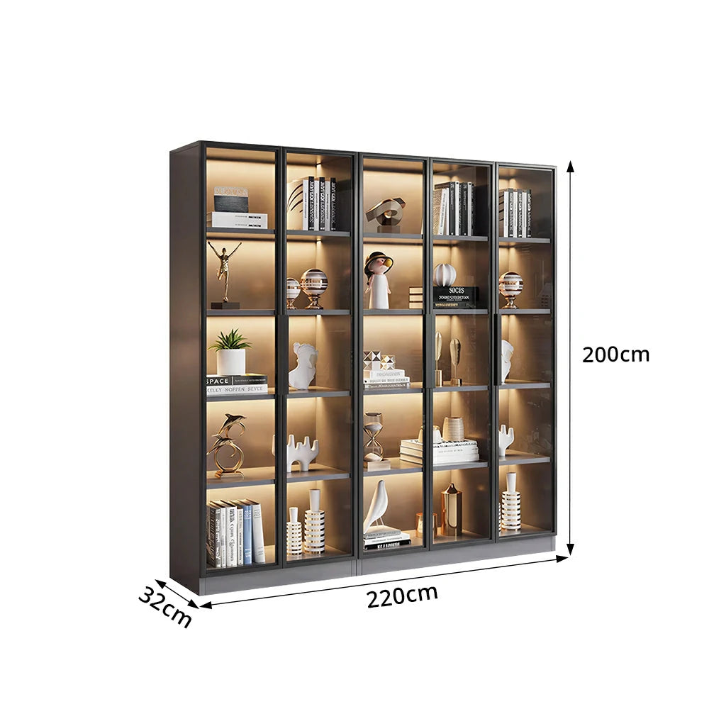LUXORA 220cm 5-Tier Display Cabinet - Five Door Tempered Glass Storage with LED Lighting for Living Room - Light Grey