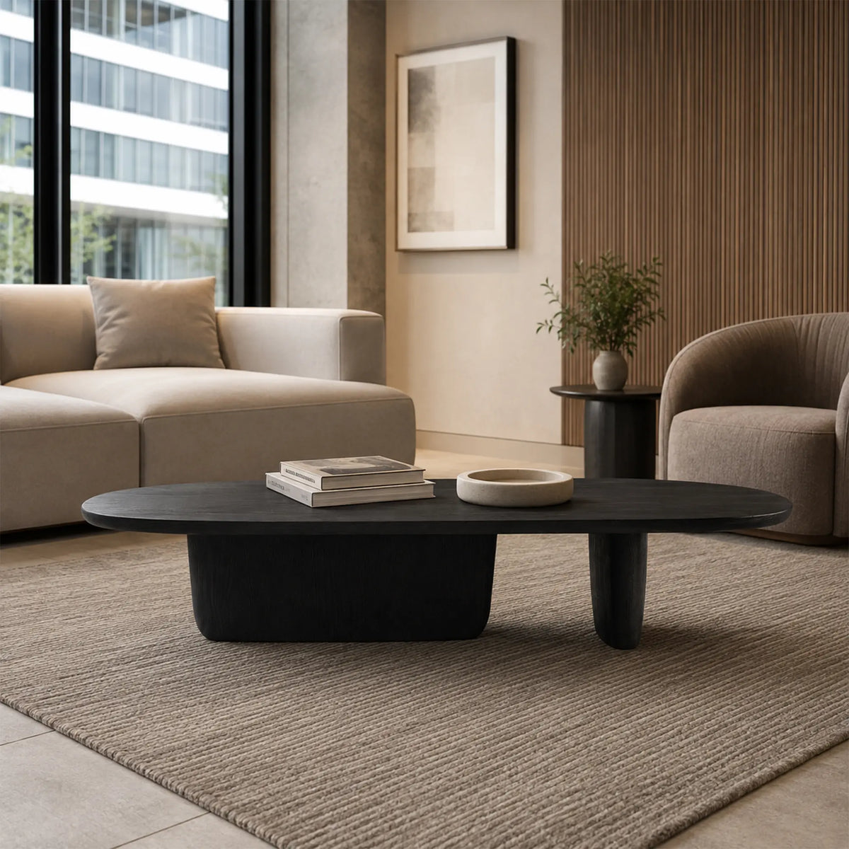 LUXORA Oval Coffee Table Natural Wood Veneer E1 High Density Board Low Profile Curved Design for Living Room Apartment Lounge