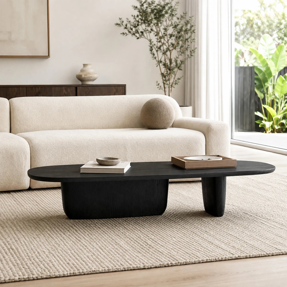 LUXORA Oval Coffee Table Natural Wood Veneer E1 High Density Board Low Profile Curved Design for Living Room Apartment Lounge