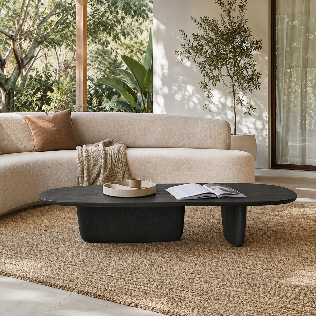 LUXORA Oval Coffee Table Natural Wood Veneer E1 High Density Board Low Profile Curved Design for Living Room Apartment Lounge