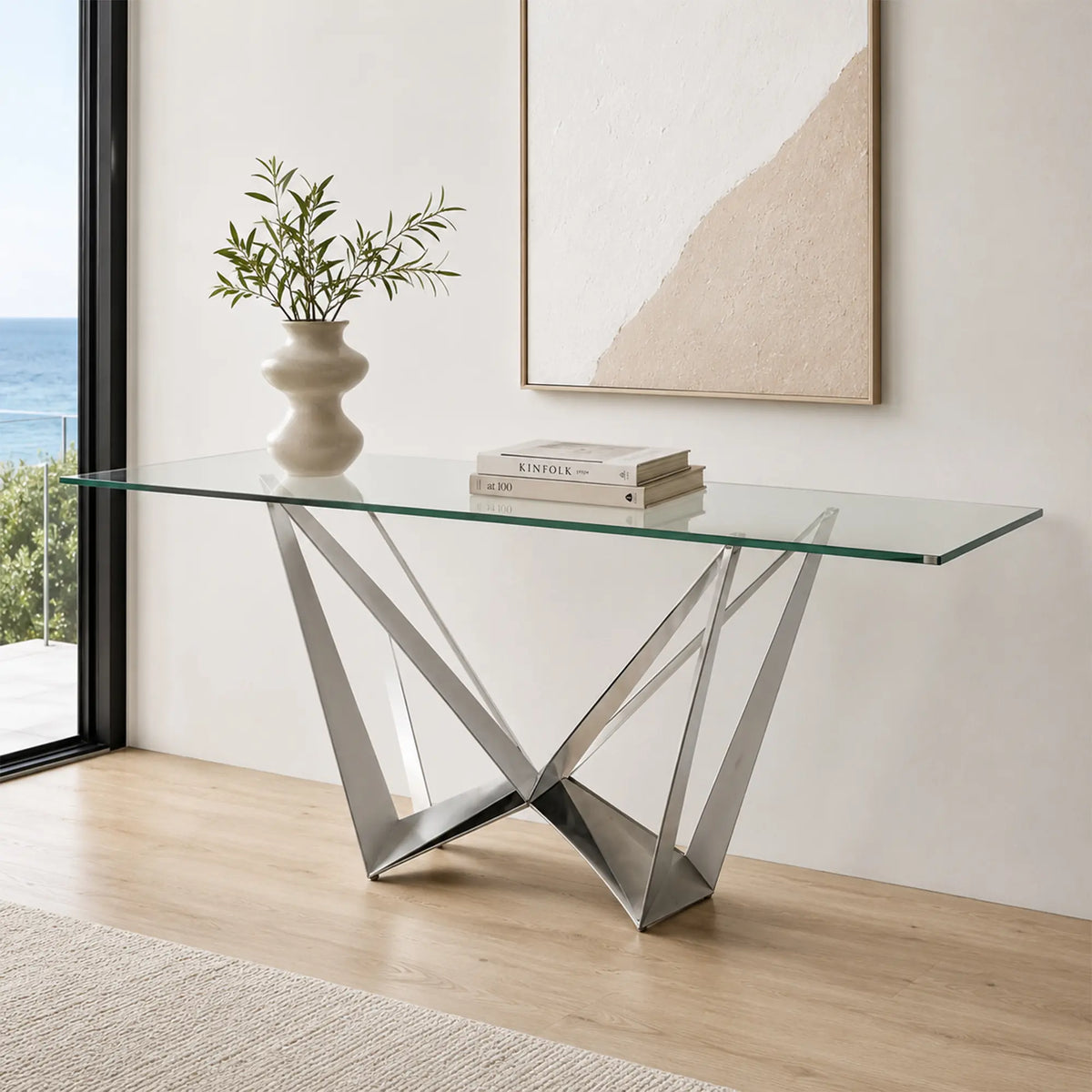 LUXORA Modern Glass Dining Table V Shaped Butterfly Legs Stainless Steel Frame for Dining Room Office Cafe Showroom