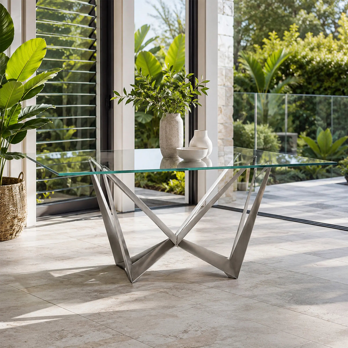LUXORA Modern Glass Dining Table V Shaped Butterfly Legs Stainless Steel Frame for Dining Room Office Cafe Showroom
