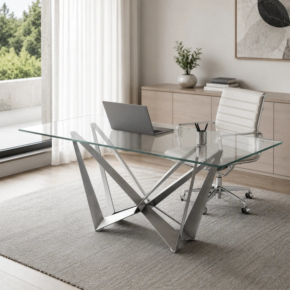 LUXORA Modern Glass Dining Table V Shaped Butterfly Legs Stainless Steel Frame for Dining Room Office Cafe Showroom