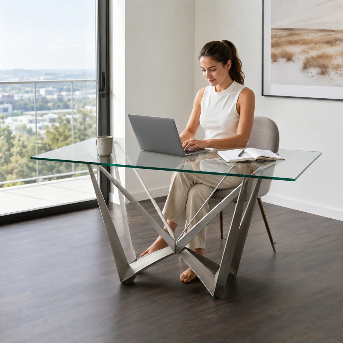 LUXORA Modern Glass Dining Table V Shaped Butterfly Legs Stainless Steel Frame for Dining Room Office Cafe Showroom