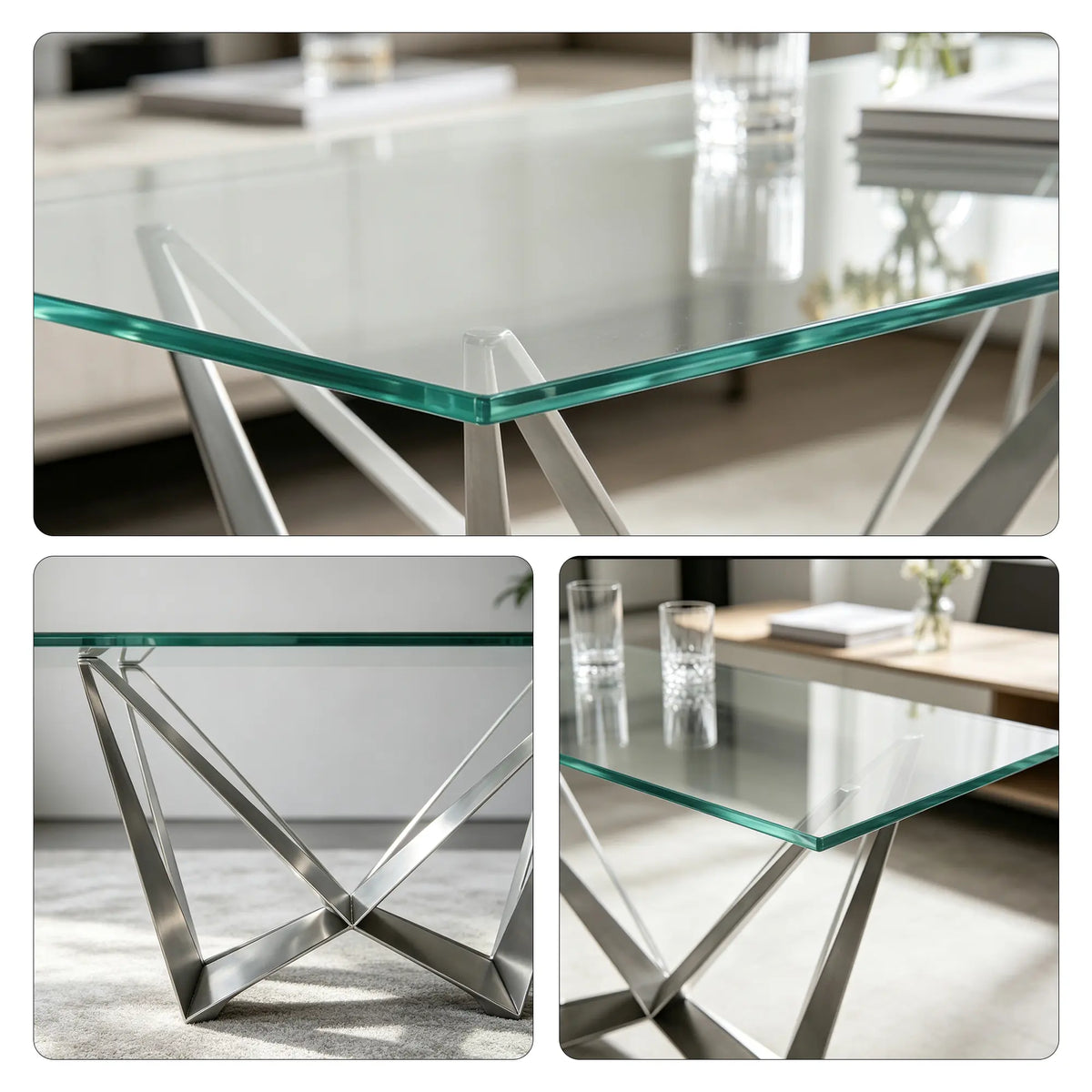 LUXORA Modern Glass Dining Table V Shaped Butterfly Legs Stainless Steel Frame for Dining Room Office Cafe Showroom