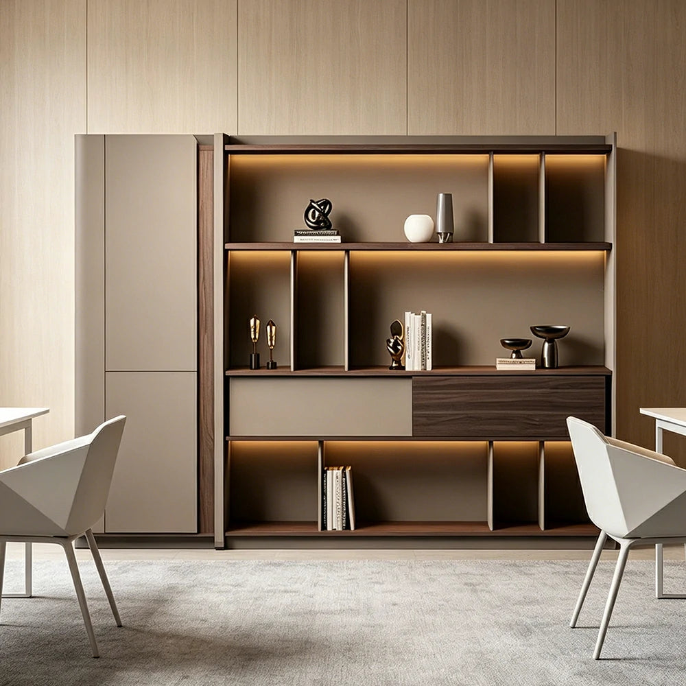 LIVARA 2.8m Office Storage Cabinet - Open Shelving with Voice-Control LED Lighting & Large Capacity for Workspace - Light Grey