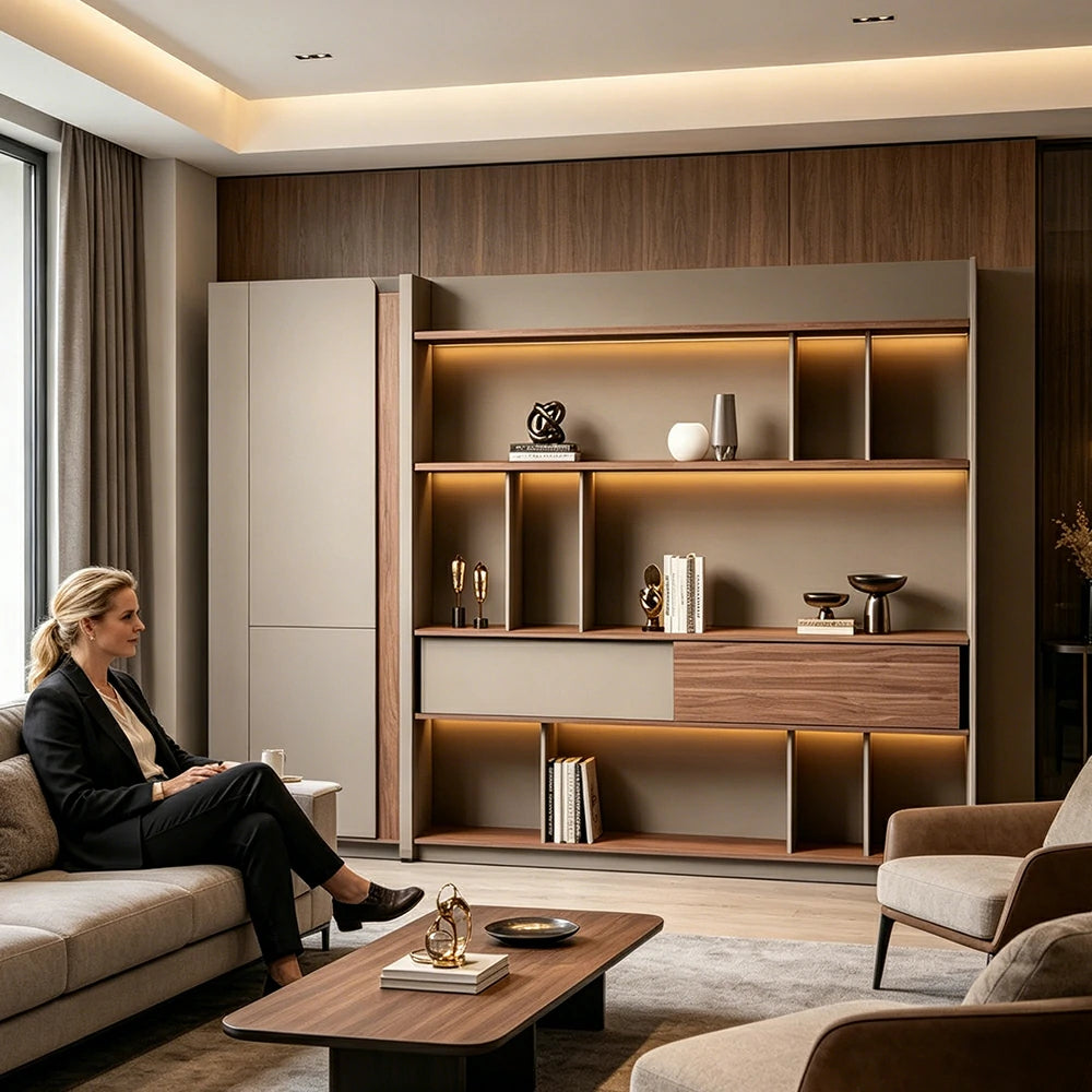 LIVARA 2.8m Office Storage Cabinet - Open Shelving with Voice-Control LED Lighting & Large Capacity for Workspace - Light Grey