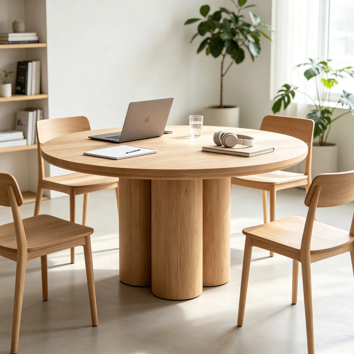LUXORA Round Oak Dining Table 130cm Spacious Top Multi Column Pedestal Base for Dining Room Open Kitchen Reception Space - Wood