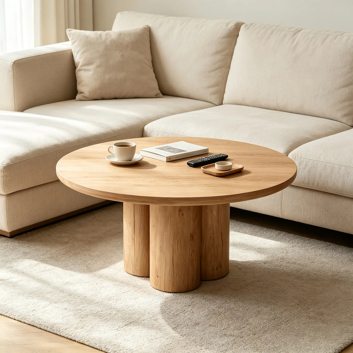 LUXORA Round Oak Dining Table 130cm Spacious Top Multi Column Pedestal Base for Dining Room Open Kitchen Reception Space - Wood