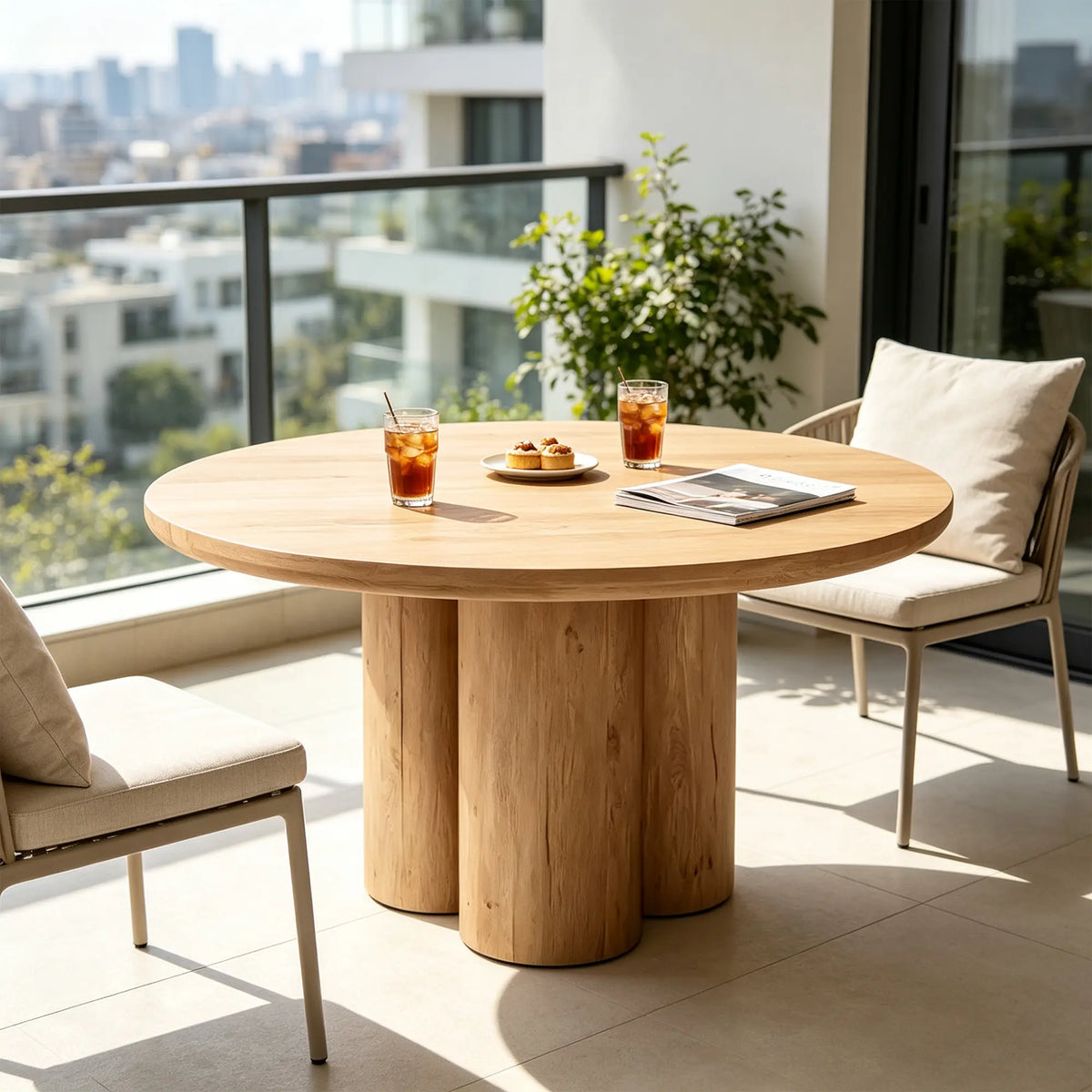 LUXORA Round Oak Dining Table 130cm Spacious Top Multi Column Pedestal Base for Dining Room Open Kitchen Reception Space - Wood
