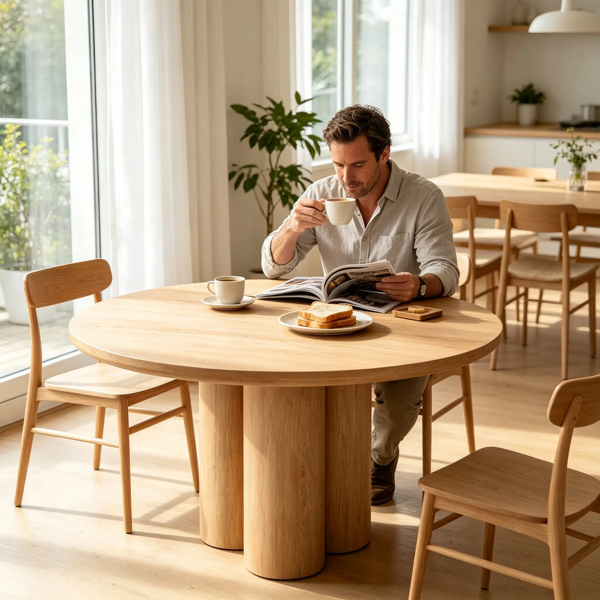LUXORA Round Oak Dining Table 130cm Spacious Top Multi Column Pedestal Base for Dining Room Open Kitchen Reception Space - Wood