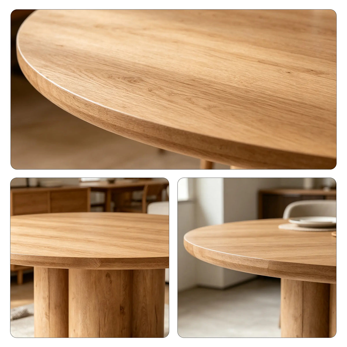 LUXORA Round Oak Dining Table 130cm Spacious Top Multi Column Pedestal Base for Dining Room Open Kitchen Reception Space - Wood