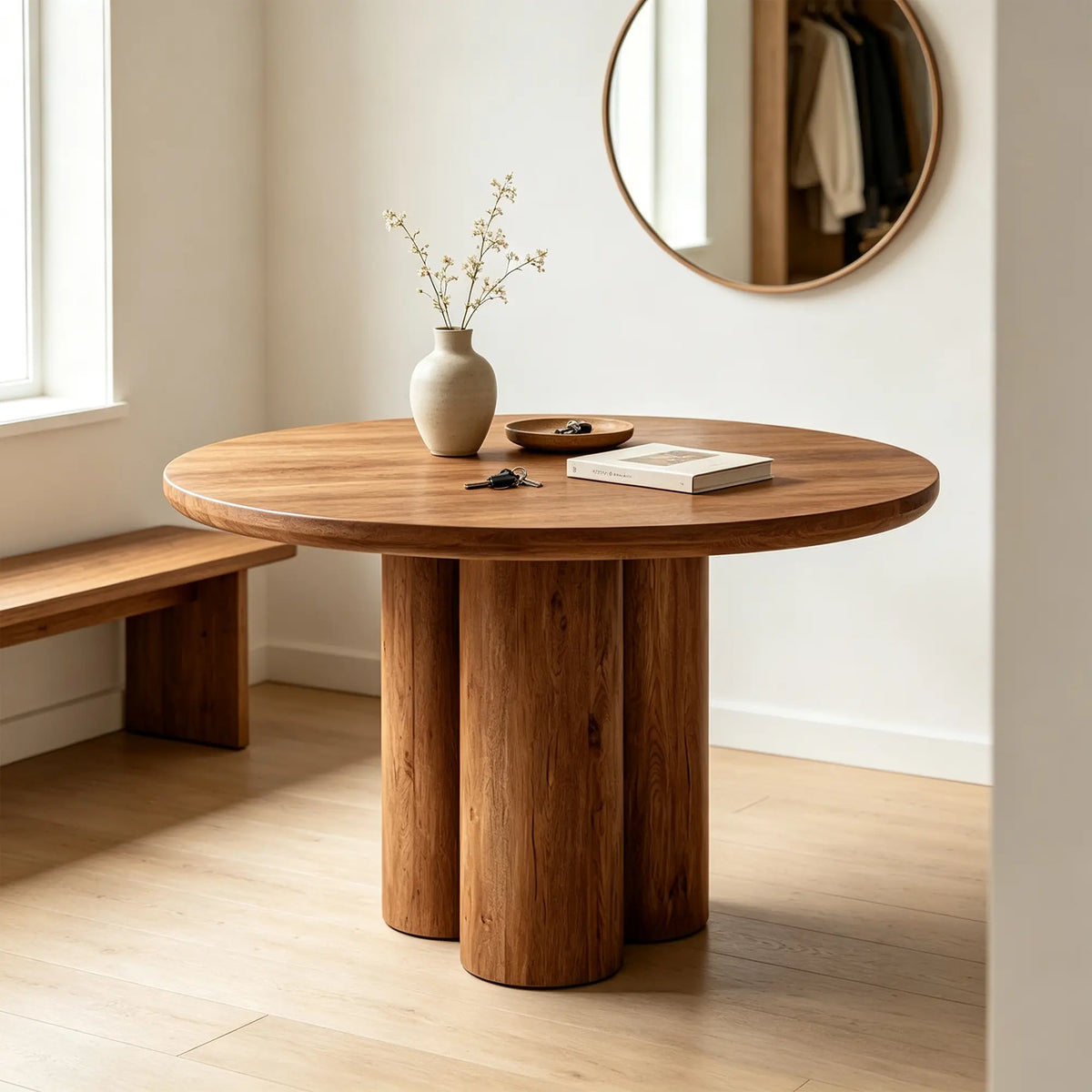 LUXORA Round Oak Dining Table 130cm Spacious Top Multi Column Pedestal Base for Dining Room Open Kitchen Reception Space - Brown