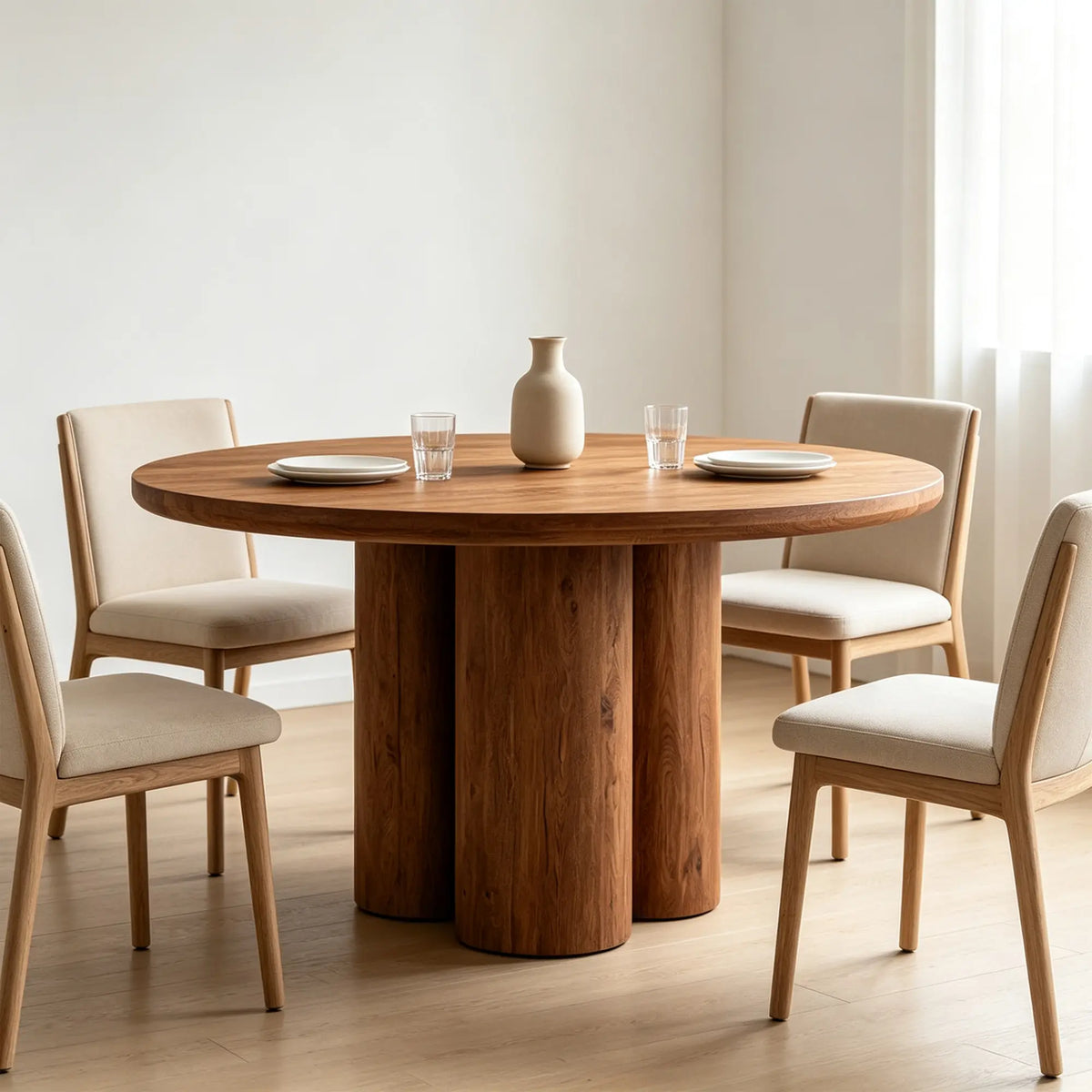 LUXORA Round Oak Dining Table 130cm Spacious Top Multi Column Pedestal Base for Dining Room Open Kitchen Reception Space - Brown