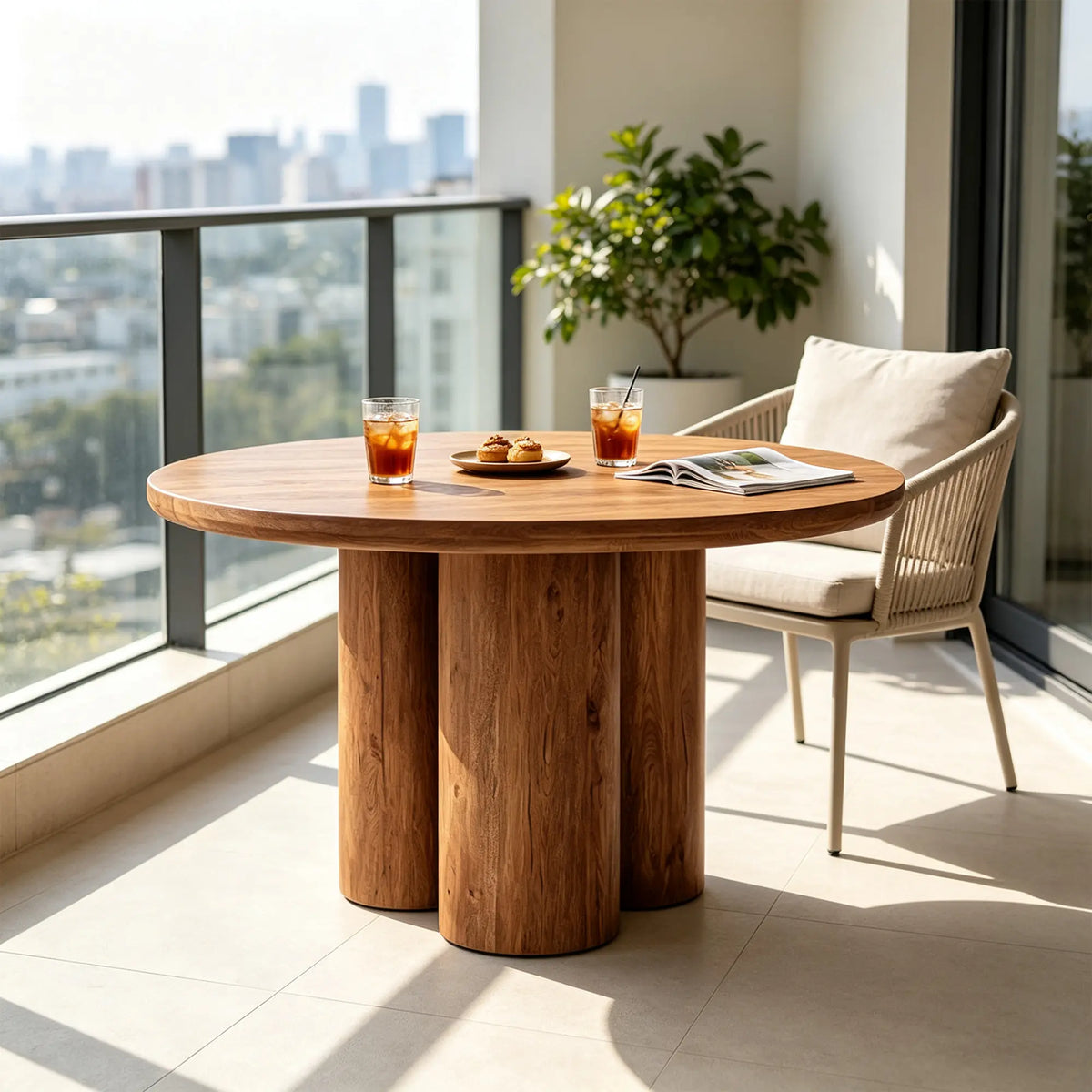 LUXORA Round Oak Dining Table 130cm Spacious Top Multi Column Pedestal Base for Dining Room Open Kitchen Reception Space - Brown