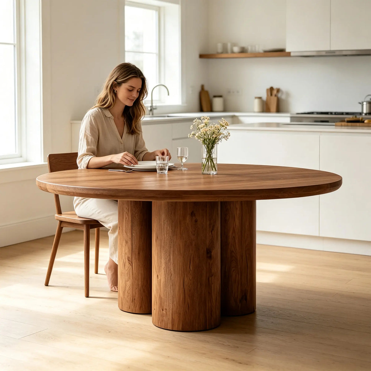 LUXORA Round Oak Dining Table 130cm Spacious Top Multi Column Pedestal Base for Dining Room Open Kitchen Reception Space - Brown