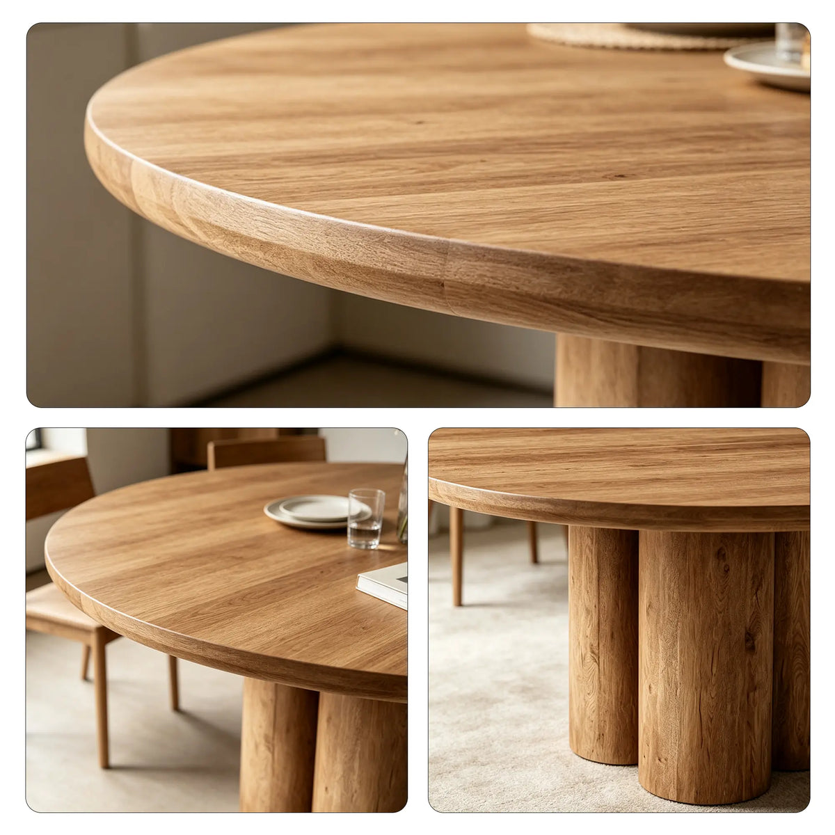 LUXORA Round Oak Dining Table 130cm Spacious Top Multi Column Pedestal Base for Dining Room Open Kitchen Reception Space - Brown