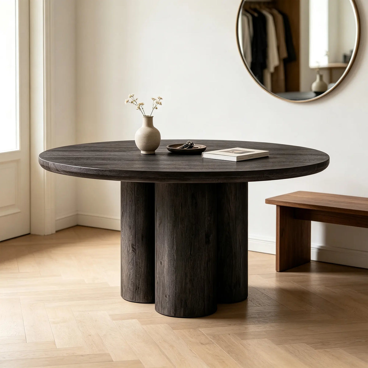 LUXORA Round Oak Dining Table 130cm Spacious Top Multi Column Pedestal Base for Dining Room Open Kitchen Reception Space - Black