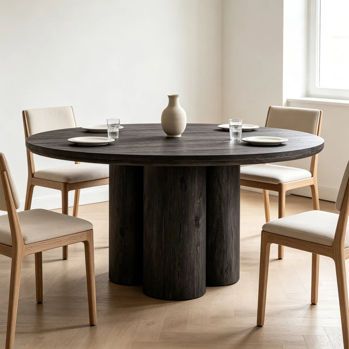 LUXORA Round Oak Dining Table 130cm Spacious Top Multi Column Pedestal Base for Dining Room Open Kitchen Reception Space - Black