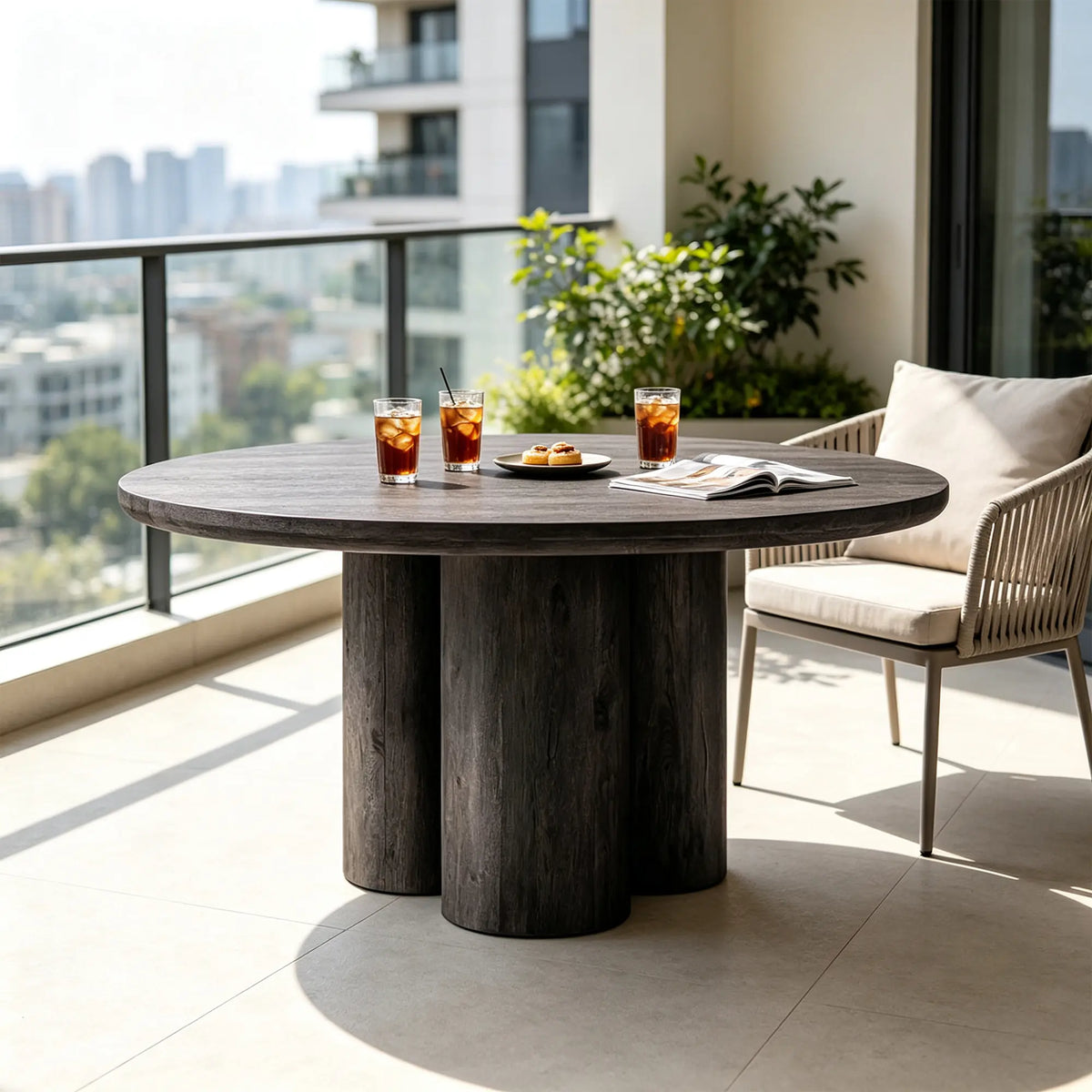 LUXORA Round Oak Dining Table 130cm Spacious Top Multi Column Pedestal Base for Dining Room Open Kitchen Reception Space - Black