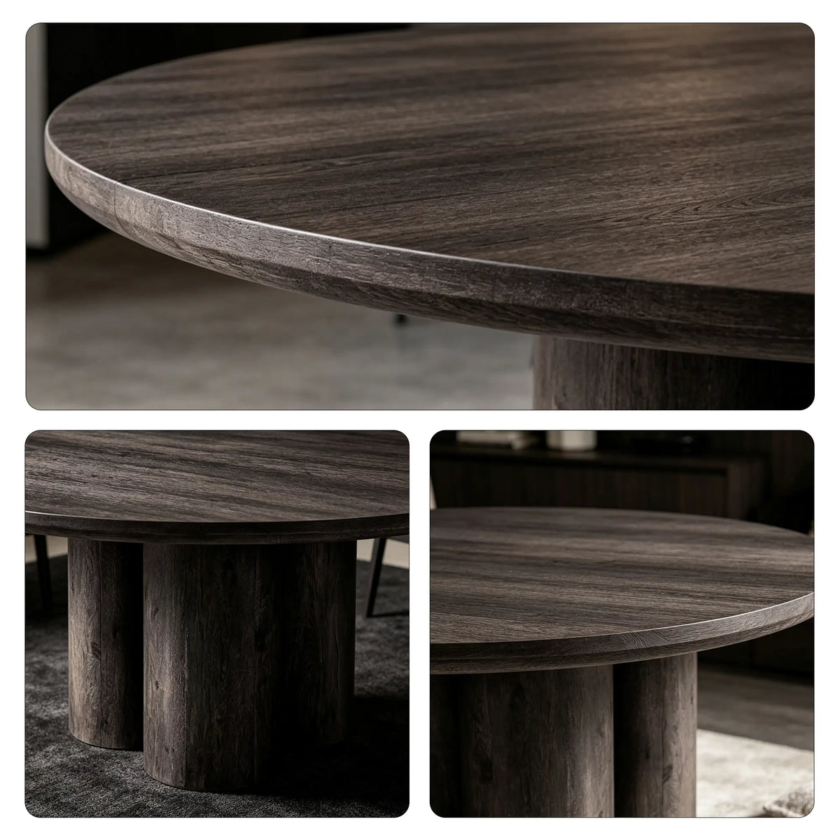 LUXORA Round Oak Dining Table 130cm Spacious Top Multi Column Pedestal Base for Dining Room Open Kitchen Reception Space - Black