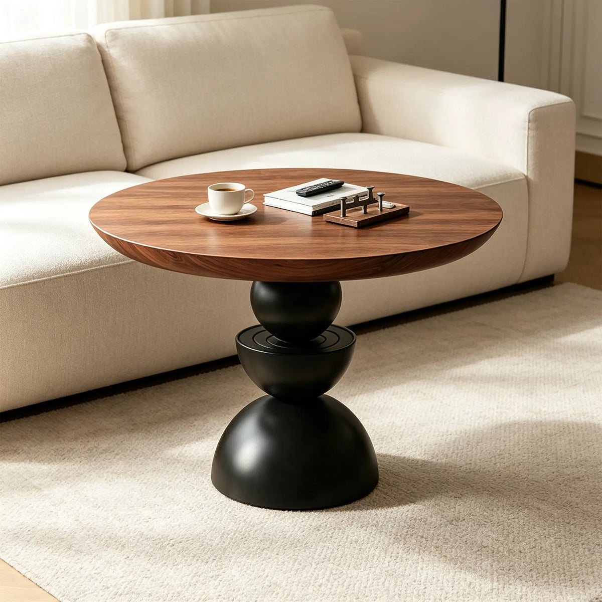 LUXORA Round Solid Wood Dining Table Thickened Top Ash Wood Column Base 90/100cm for Dining Room Open Kitchen - Walnut & Black
