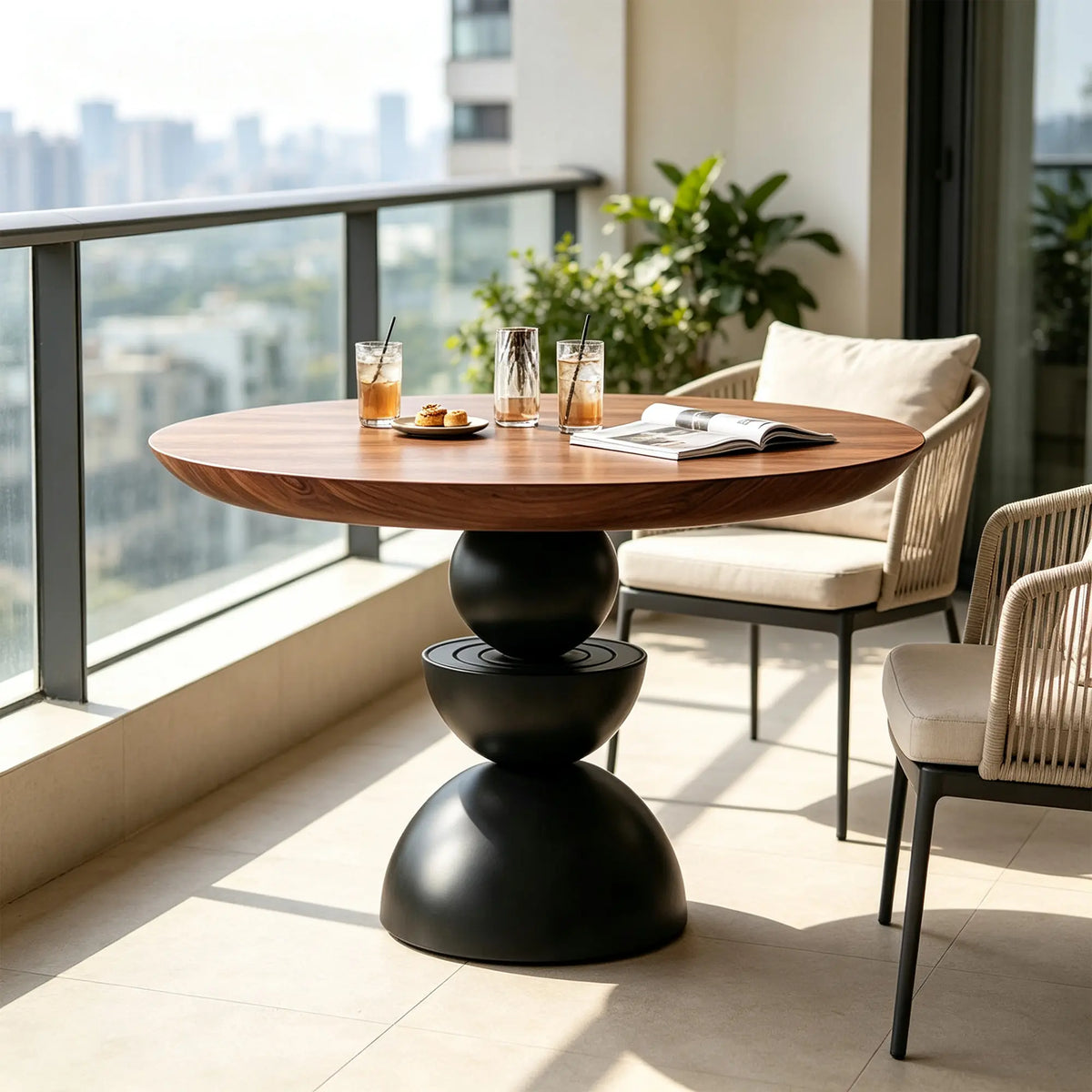 LUXORA Round Solid Wood Dining Table Thickened Top Ash Wood Column Base 90/100cm for Dining Room Open Kitchen - Walnut & Black
