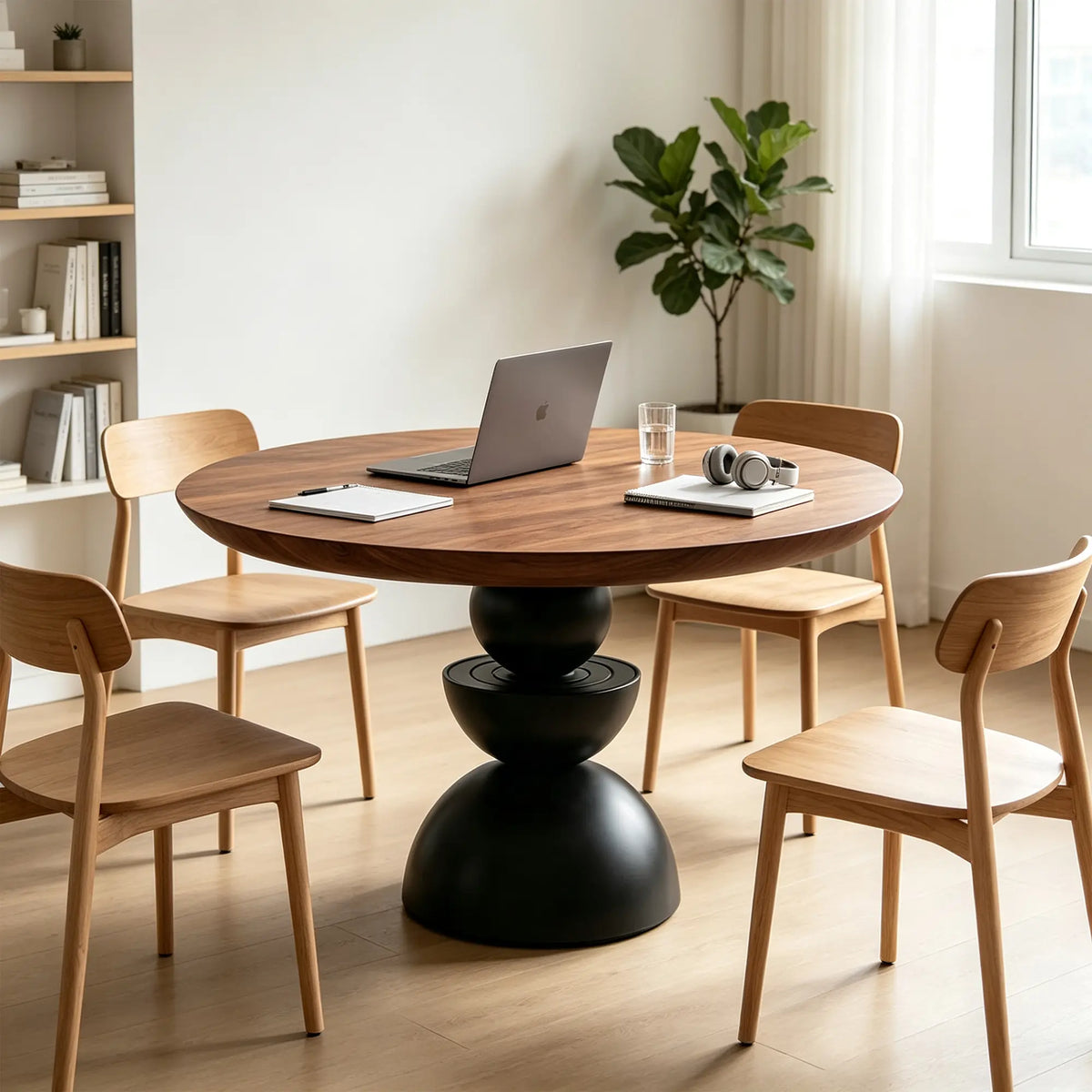LUXORA Round Solid Wood Dining Table Thickened Top Ash Wood Column Base 90/100cm for Dining Room Open Kitchen - Walnut & Black