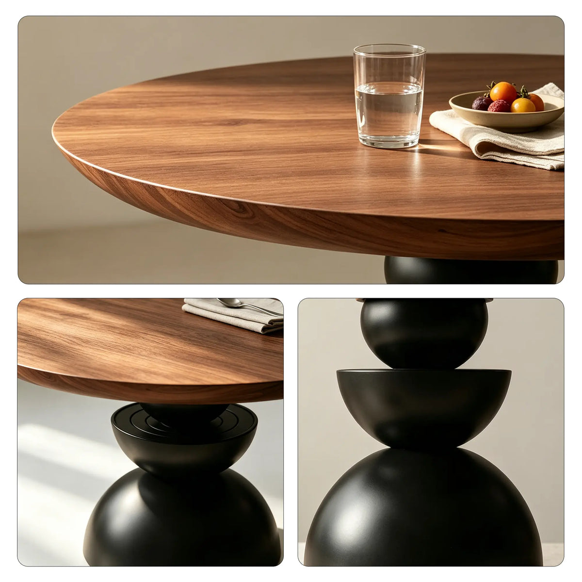 LUXORA Round Solid Wood Dining Table Thickened Top Ash Wood Column Base 90/100cm for Dining Room Open Kitchen - Walnut & Black