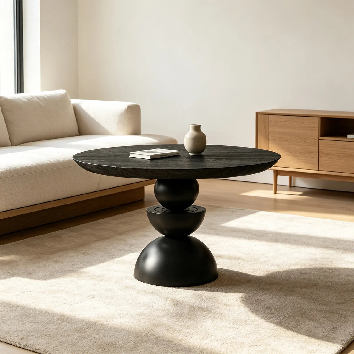 LUXORA Round Solid Wood Dining Table Thickened Top Ash Wood Column Base 90/100cm for Dining Room Open Kitchen - Black