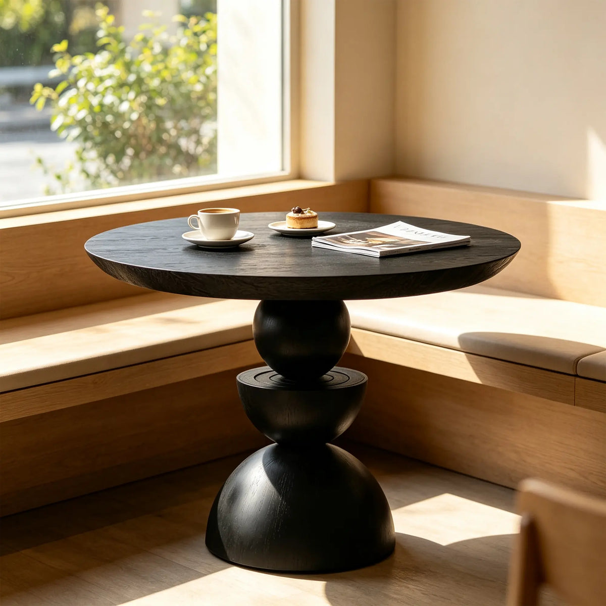 LUXORA Round Solid Wood Dining Table Thickened Top Ash Wood Column Base 90/100cm for Dining Room Open Kitchen - Black